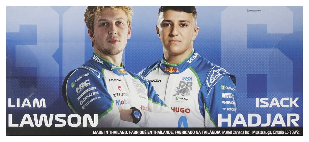 Back of the Hot Wheels Premium Racing Bulls 2-pack box with photos of Liam Lawson and Isack Hadjar