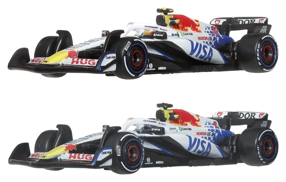 Hot Wheels Premium Visa Cash App Racing Bulls F1 cars, both 1:64 die-cast models in side view