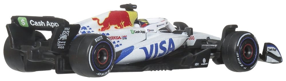 Hot Wheels Premium Racing Bulls 1:64 F1 car, rear three-quarter view showing Cash App wing