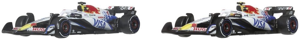 Two Hot Wheels Premium Visa Cash App Racing Bulls 1:64 F1 cars shown side by side