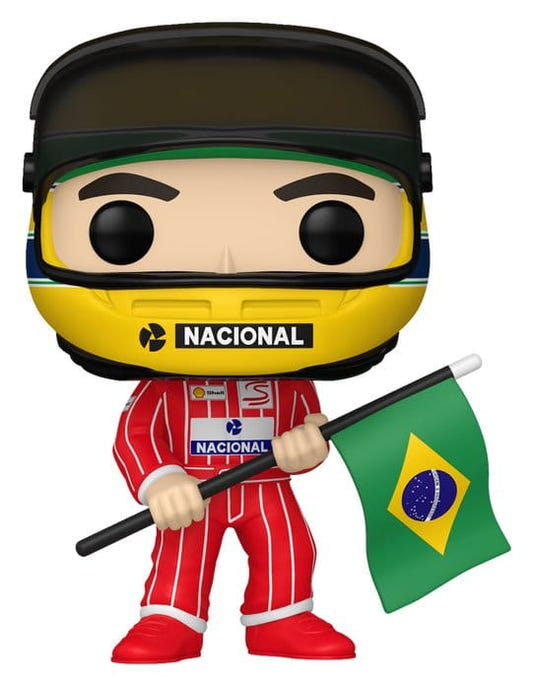 Funko Pop! Racing Ayrton Senna vinyl figure in yellow helmet holding a Brazilian flag
