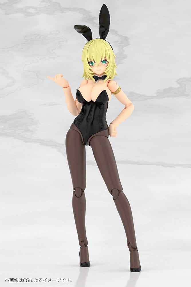 Frame Arms Girl Durga Bunny Style model in black bunny suit, standing with hand on hip