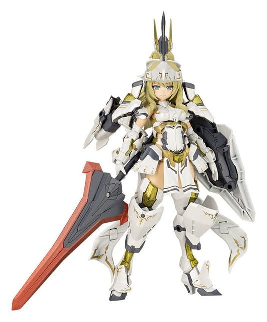 Kotobukiya Frame Arms Girl Durga II in white and gold knight armour with red greatsword, front view