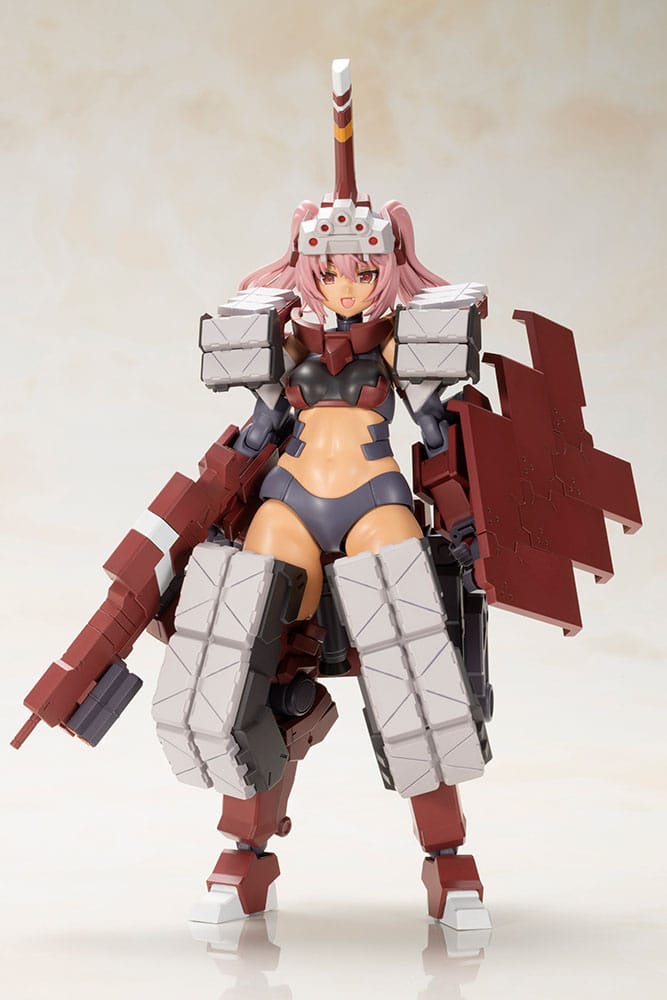 Frame Arms Girl Kagutsuchi-Otsu Fencer standing with layered shield and heavy leg armour