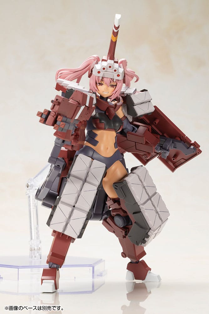 Frame Arms Girl Kagutsuchi-Otsu Fencer kneeling on a stand behind layered shield