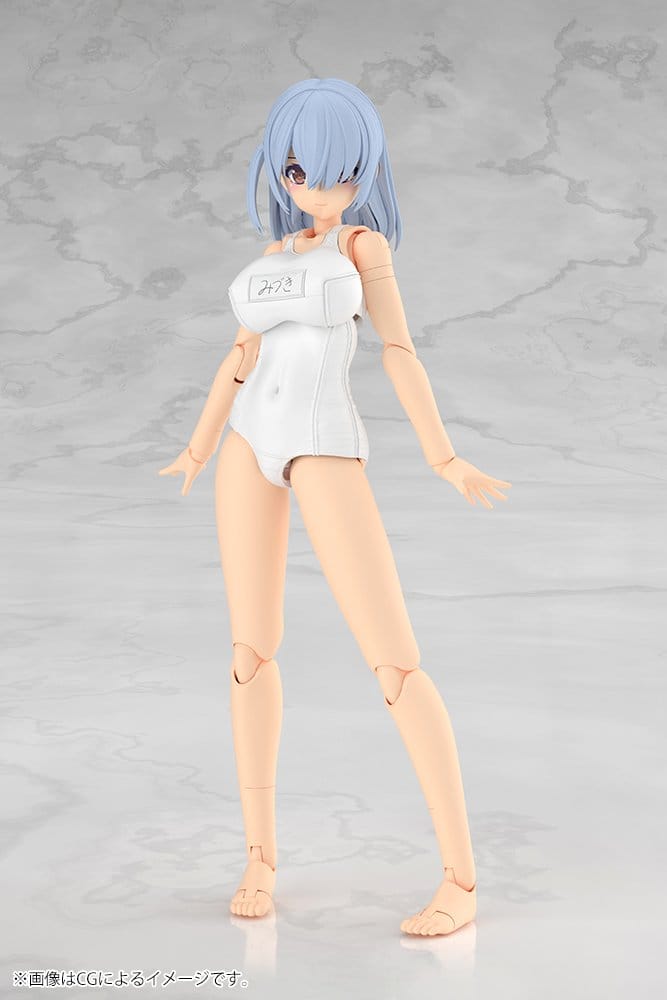 Frame Arms Girl Mizuki White Ver. model kit standing, front view with light blue hair