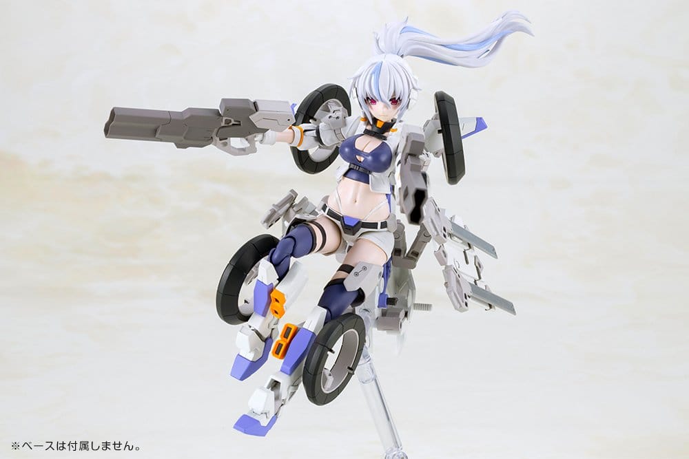 Frame Arms Girl Second Jive leaping on a flight stand, aiming her multi-cannon