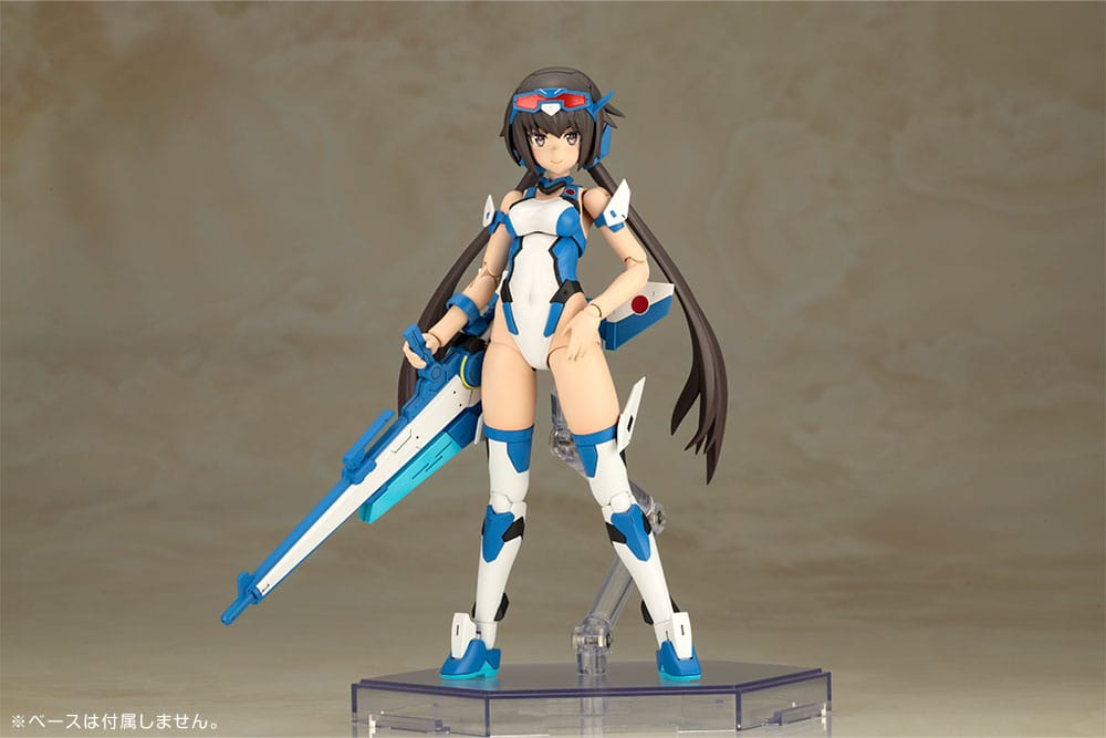 Frame Arms Girl Stylet Blue Impulse Color Ver. three-quarter view with smart gun on a stand
