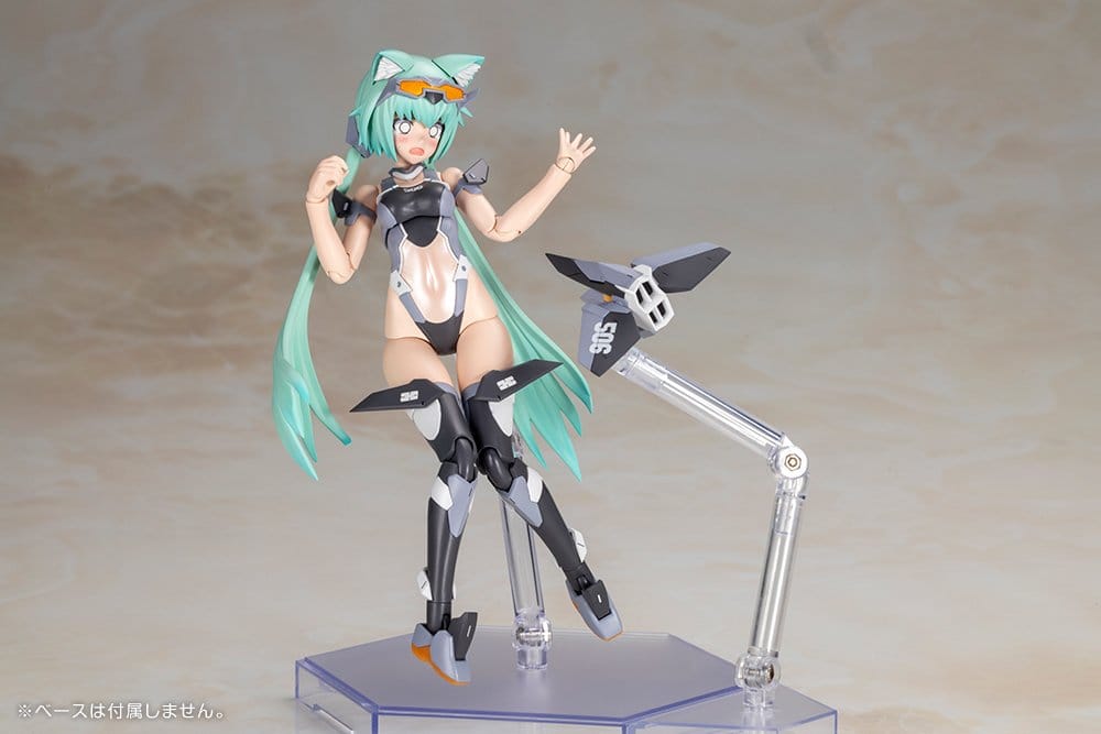 Frame Arms Girl Stylet Low Visibility Ver. waving beside back booster unit on a display stand