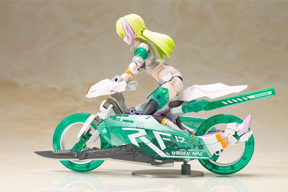 Wilber Nine Beryl Armor Custom on motorcycle, rear three-quarter view, Kotobukiya kit