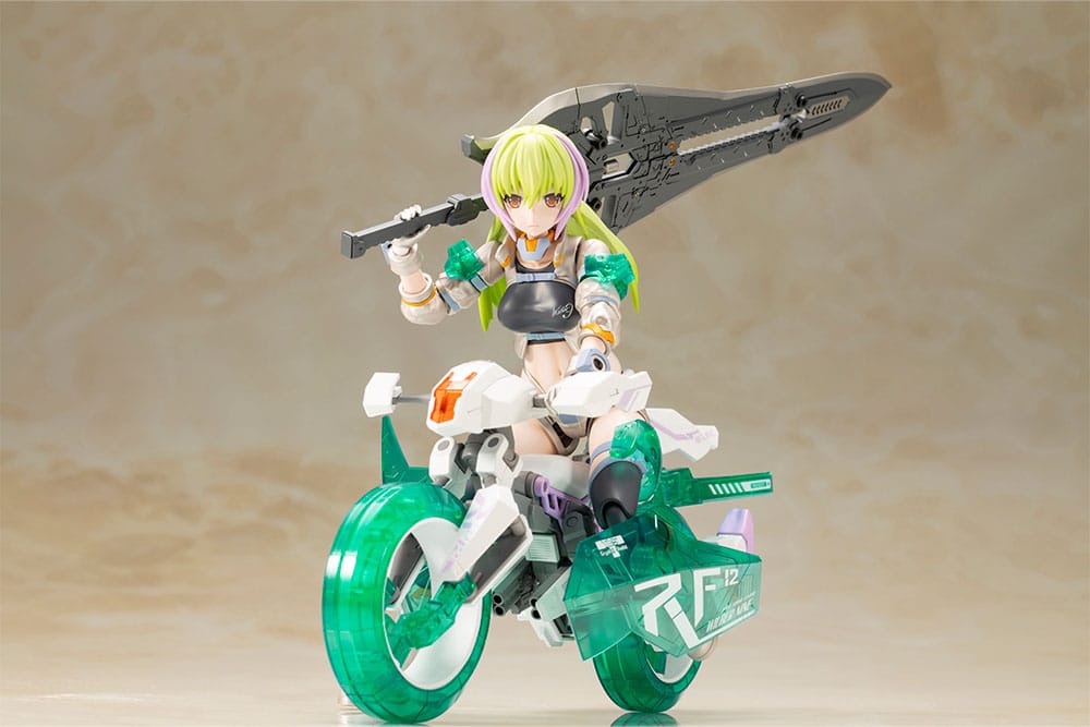 Wilber Nine Beryl Armor Custom on motorcycle raising her large blade, Frame Arms Girl