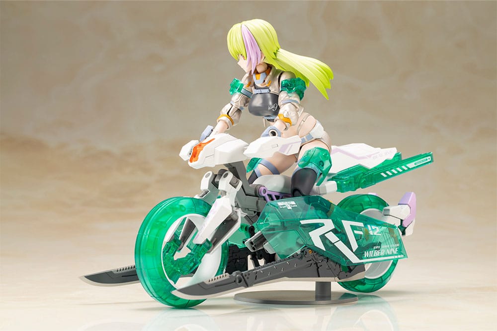 Frame Arms Girl Wilber Nine on green clear-part motorcycle, front three-quarter view