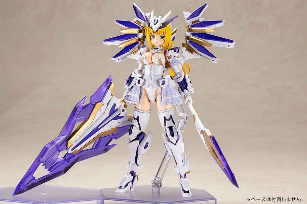 Frame Arms Girl Ray Falx model on stand holding clear purple Beryl Swords, front view