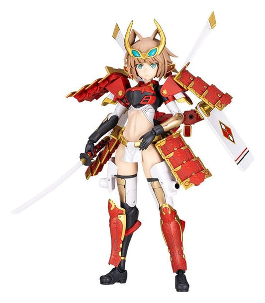 Kotobukiya Frame Arms Girl Shingen Kai model kit in red and gold samurai armour, front view with swords