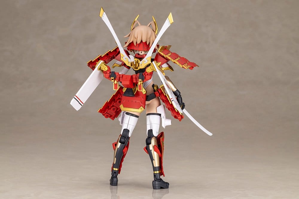 Frame Arms Girl Shingen Kai model masked, front view with rear banners and swords