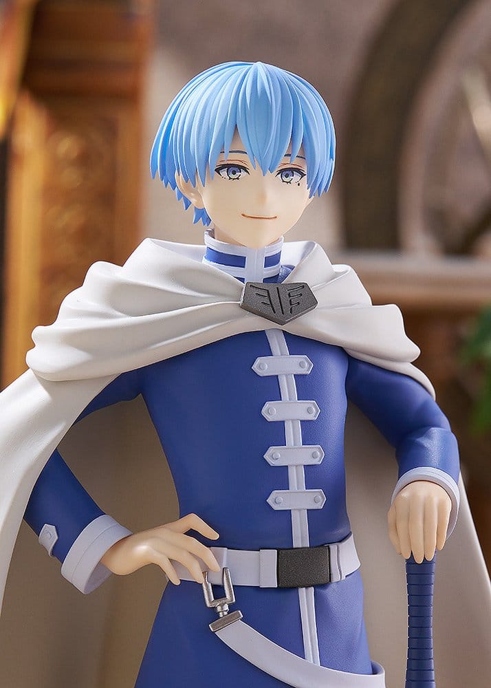 Close-up of Himmel figure's smiling face, white cape and hand on sword hilt