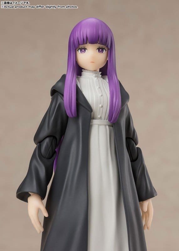 Close-up of the S.H.Figuarts Fern figure with purple hair, black cloak and white dress