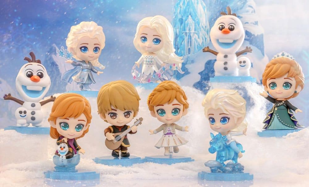 Hot Toys Frozen Cosbi mini figures collection displayed on snow with an ice backdrop