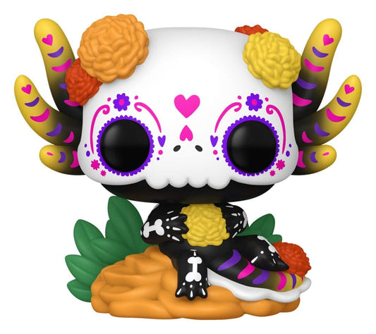 Funko POP! axolotl vinyl figure with Día de los Muertos sugar skull face and marigold flowers