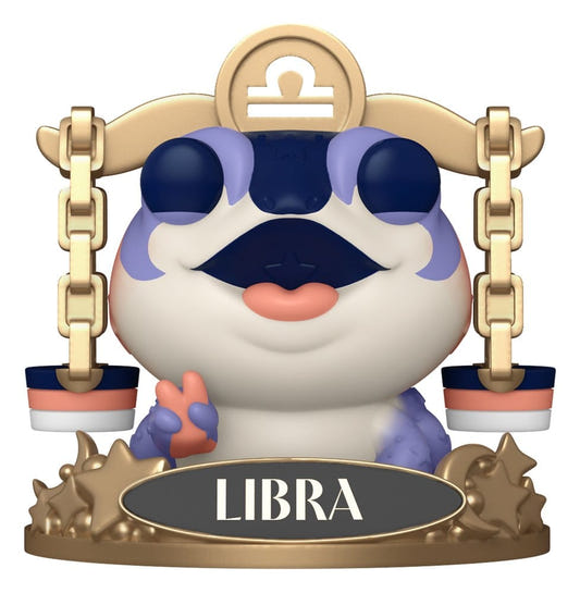 Funko Legacy POP! Libra vinyl figure, a blue and white creature seated on gold balance scales with nameplate