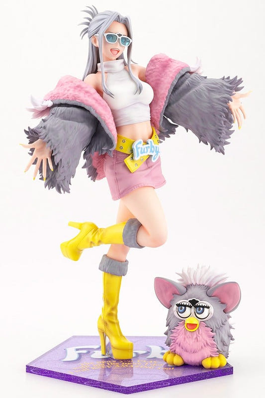 Kotobukiya Furby Bishoujo figure with grey fur jacket, yellow boots and mini Furby on purple base