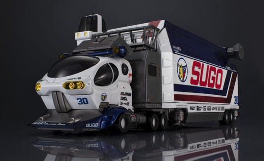 Megahouse Cyber Formula Heritage Edition DX SUGO team transporter truck, front three-quarter view