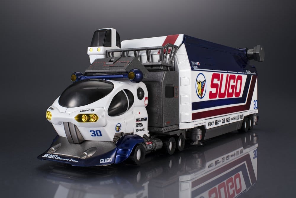 Megahouse Cyber Formula SUGO transporter truck in white, blue and red livery, front angle