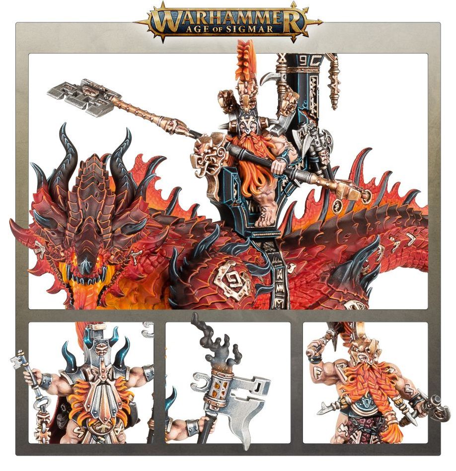 Close-ups of the painted Auric Runefather, Magmadroth head and Fyreslayer weapon details