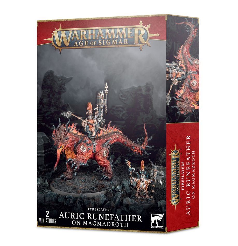 Warhammer Age of Sigmar Fyreslayers Auric Runefather on Magmadroth box by Games Workshop