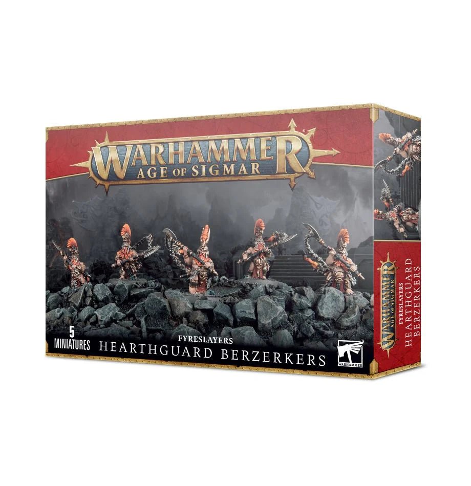 Games Workshop Age of Sigmar Fyreslayers Hearthguard Berzerkers box front with five duardin