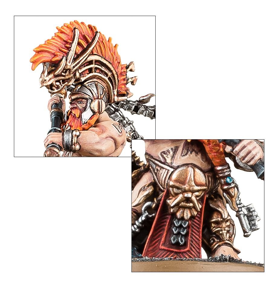 Close-ups of a painted Hearthguard Berzerker's crested helm and bearded face with rune detail