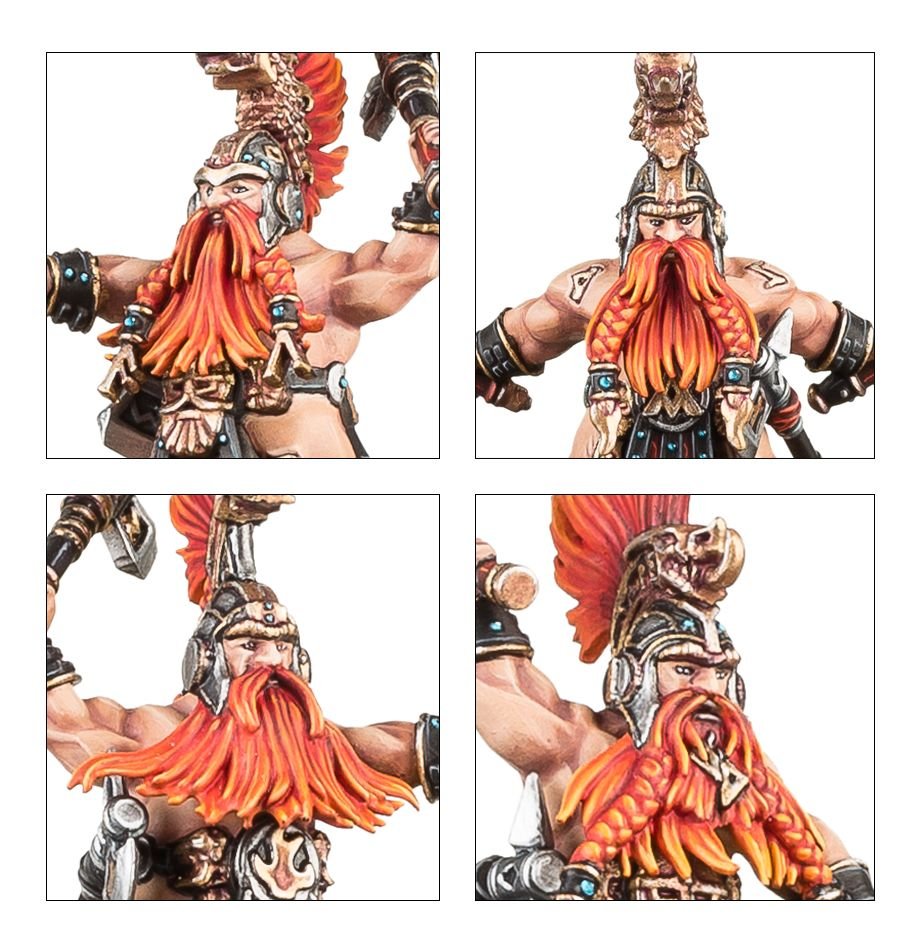 Close-ups of Fyreslayers Vulkite Berzerker faces with braided orange beards and crested helmets
