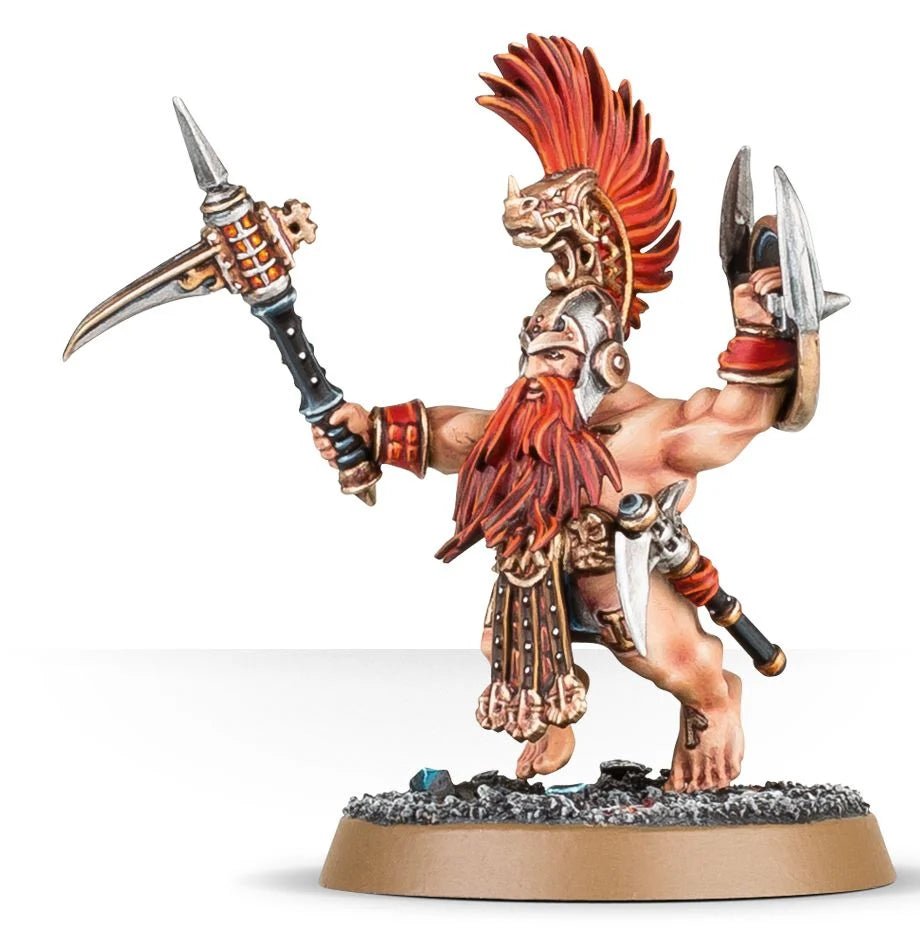 Painted Fyreslayers Vulkite Berzerker swinging a war-pick with a bladed slingshield