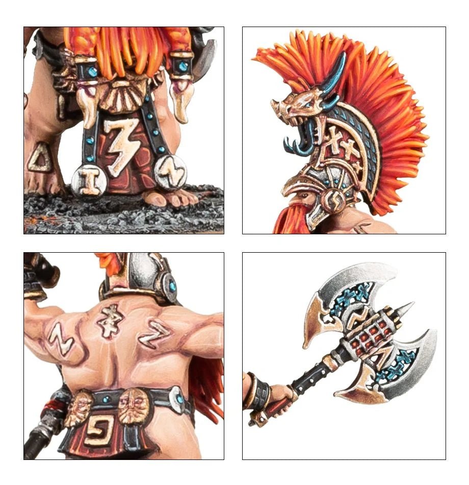 Close-ups of Vulkite Berzerker ur-gold rune tattoos, crested helmet and ornate fyresteel handaxe