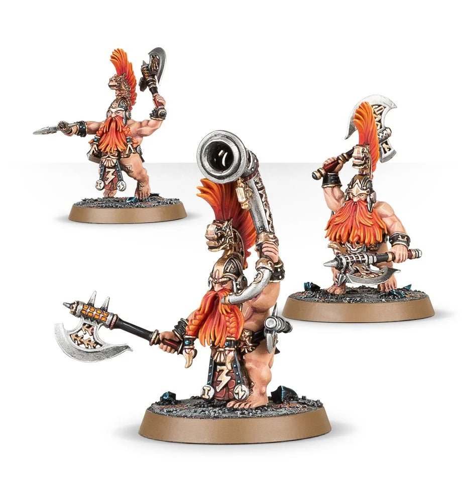 Three painted Vulkite Berzerkers, one carrying a great horn, with handaxes and war-picks