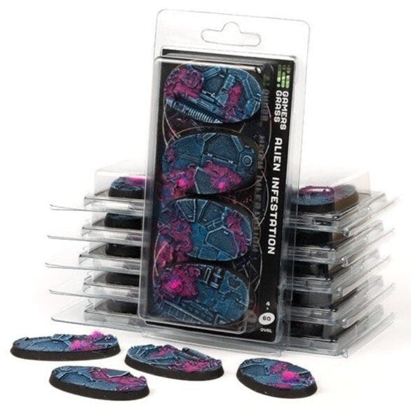 Gamers Grass Battle Ready Alien Infestation 60mm oval bases in blister packs of four, bases in front