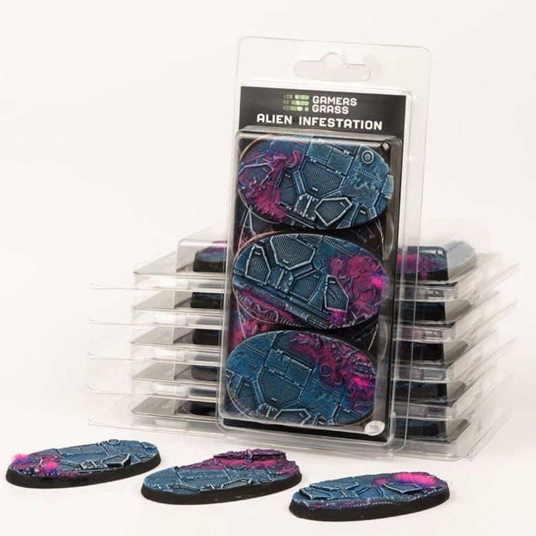 Gamers Grass Alien Infestation 75mm oval bases in stacked blister packs of three, bases in front