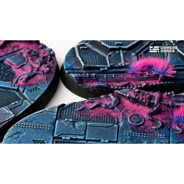 Close-up of Gamers Grass Alien Infestation oval bases showing pink alien tissue and fused cabling