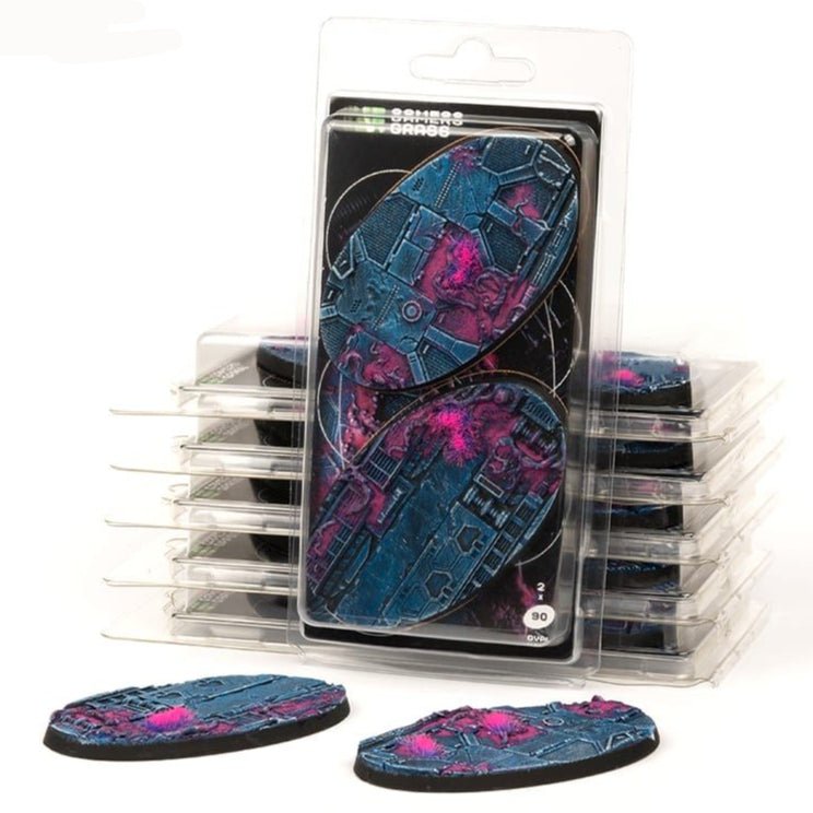 Gamers Grass Alien Infestation 90mm oval bases in stacked blister packs, with two bases in front
