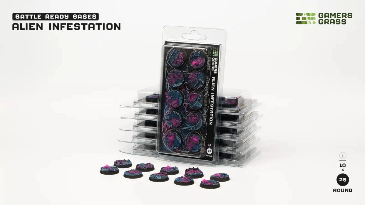 Gamers Grass Alien Infestation 25mm round bases, blister packs of ten with painted bases in front