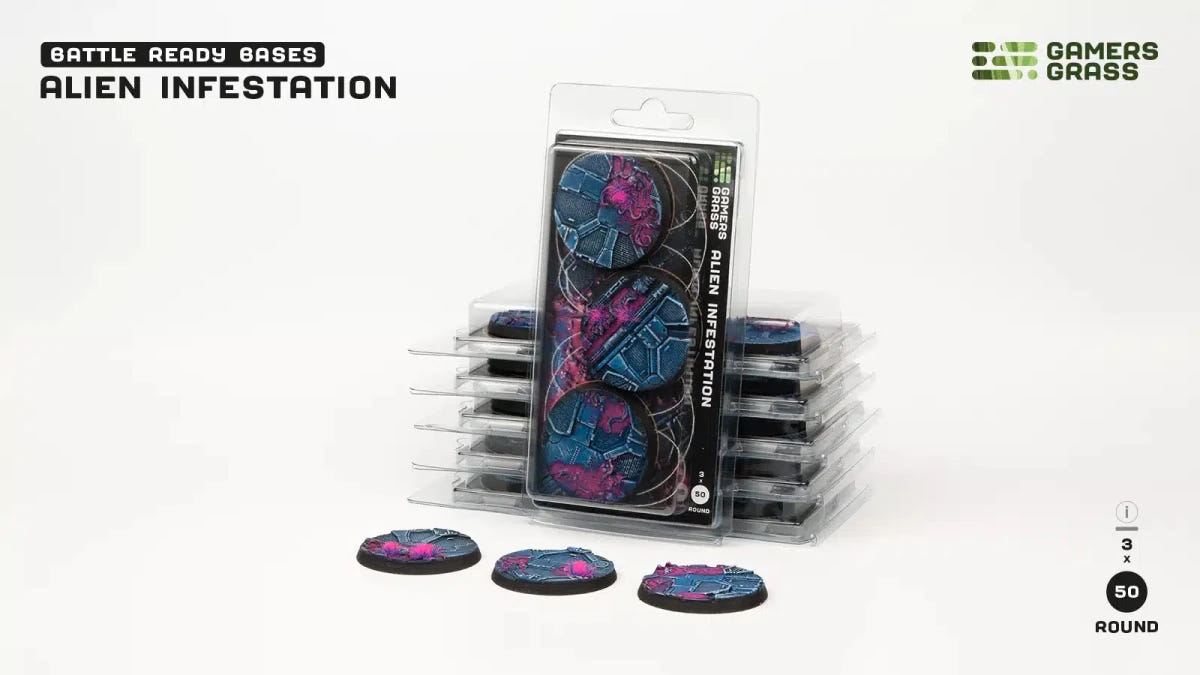 Gamers Grass Battle Ready Alien Infestation 50mm round bases in blister packs of three, bases in front
