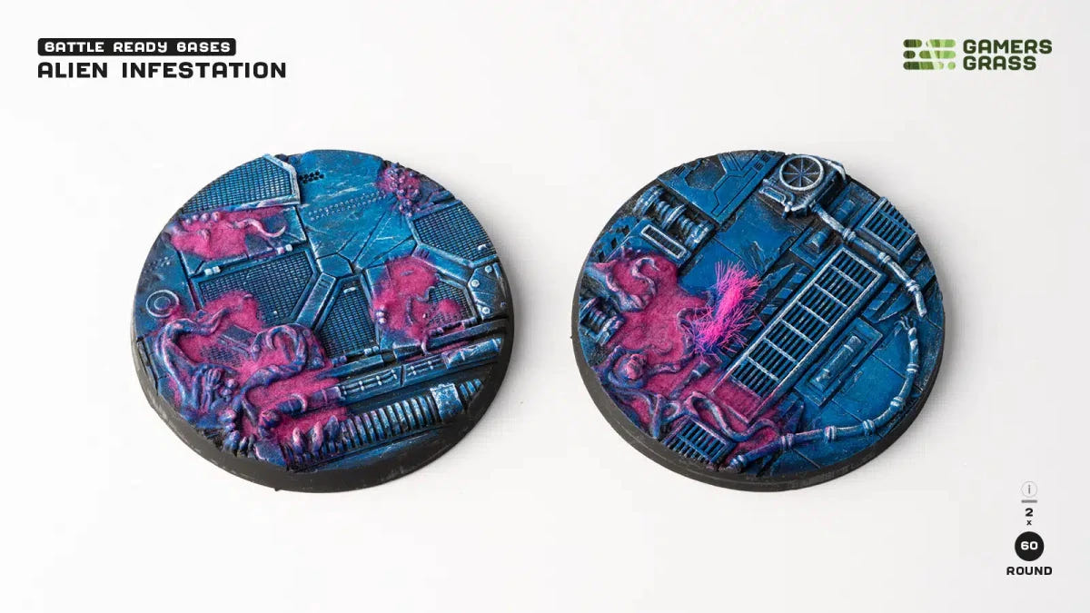 Two Gamers Grass Alien Infestation 60mm round bases side by side, top-down view