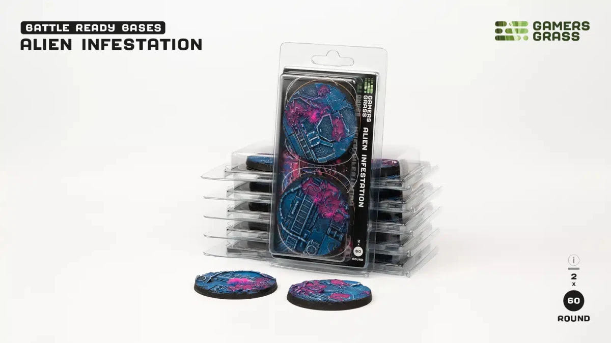 Gamers Grass Battle Ready Alien Infestation 60mm round bases in blister packs, two bases in front