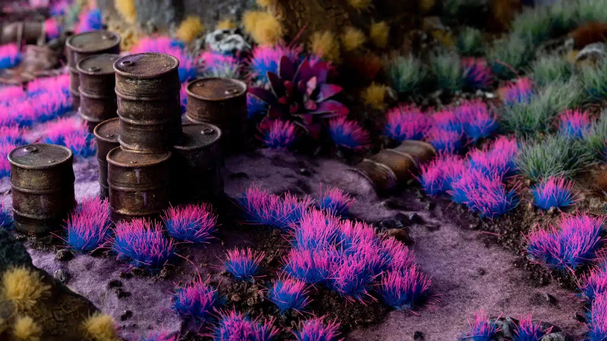 Gamers Grass Alien Neon tufts on a sci-fi base with rusty barrels