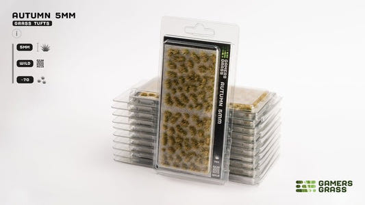 Gamers Grass Autumn 5mm Wild tufts in blister packaging, front of the stacked packs