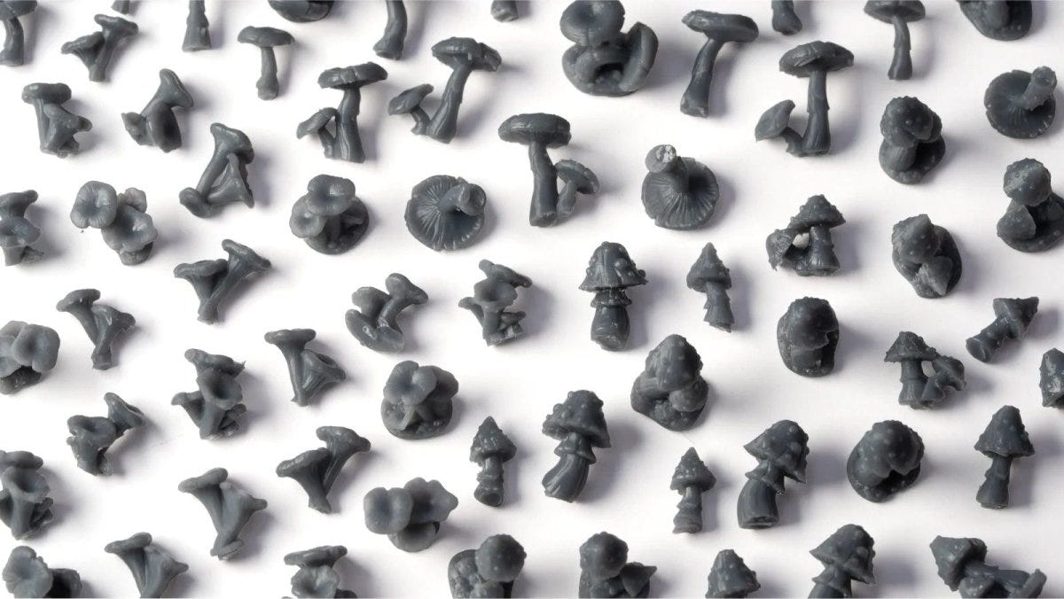 Unpainted Gamers Grass Forest Mushrooms basing bits laid out loose on white