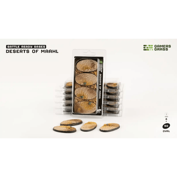 Gamers Grass Battle Ready Bases Deserts of Maahl 60mm oval, pack of four with bases shown in front