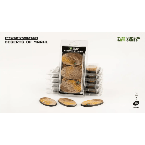 Gamers Grass Battle Ready Bases Deserts of Maahl 75mm oval, pack of three with bases shown in front