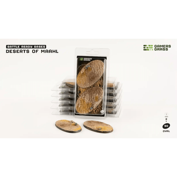 Gamers Grass Battle Ready Bases Deserts of Maahl 90mm oval, pack of two with bases shown in front