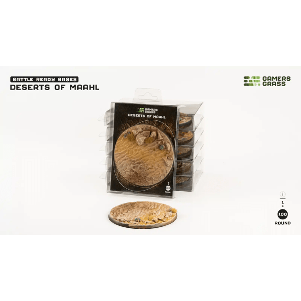 Gamers Grass Deserts of Maahl 100mm round Battle Ready Base in its clear pack, base in front